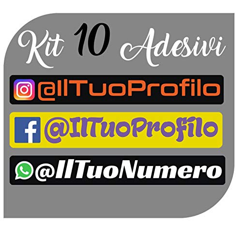 Kit adesivi con logo instagram, facebook, whatsapp e il tuo testo personalizzato. Vinile stampato - di lunga durata. Adatto per essere incollato su lamiera, ferro, legno, vetro, alluminio e qualsiasi superficie liscia e asciutta.