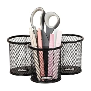 Mind Reader Pen and Accessories Holder, Desktop Organizer, Office, Metal Mesh, 3.5″ L x 3.5″ W x 3.75″ H, Set of 3, Black