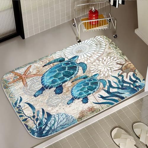 Final Friday Sea Turtles Nautical Blue Ocean Beach Animals Bath Rugs Non Slip Shower Mat Bathroom Decor Door Rug (16x24 inches, Sea Turtles)