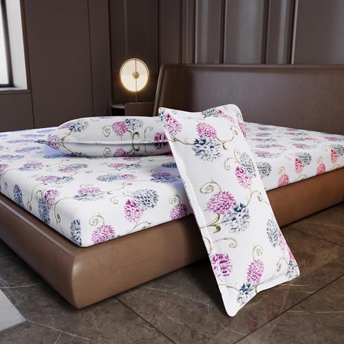 Image of Divine Casa 144 TC 100% Cotton King Size Bedsheet with 2 Pillow Covers | Soft Breathable Printed Cotton Bedsheet for King Size Bed | Bedding Set | 270 x 270 cm (Blue Pink, Floral)