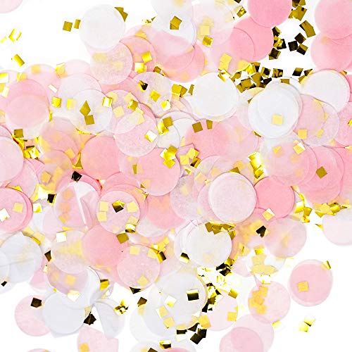Premium 1-inch Round Tissue Paper Party Table Confetti - 50 Grams (Pink, White, Gold Mylar Flakes)