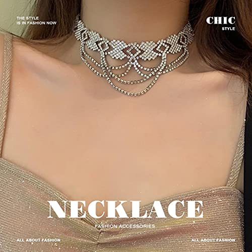 Jeairts Full Crystal Choker Necklace Silver Layered Rhinestone Tassel Necklaces Sparkly Lolita Chain Necklace Party Costume Jewelry Gifts For Women And Girls #TOP6