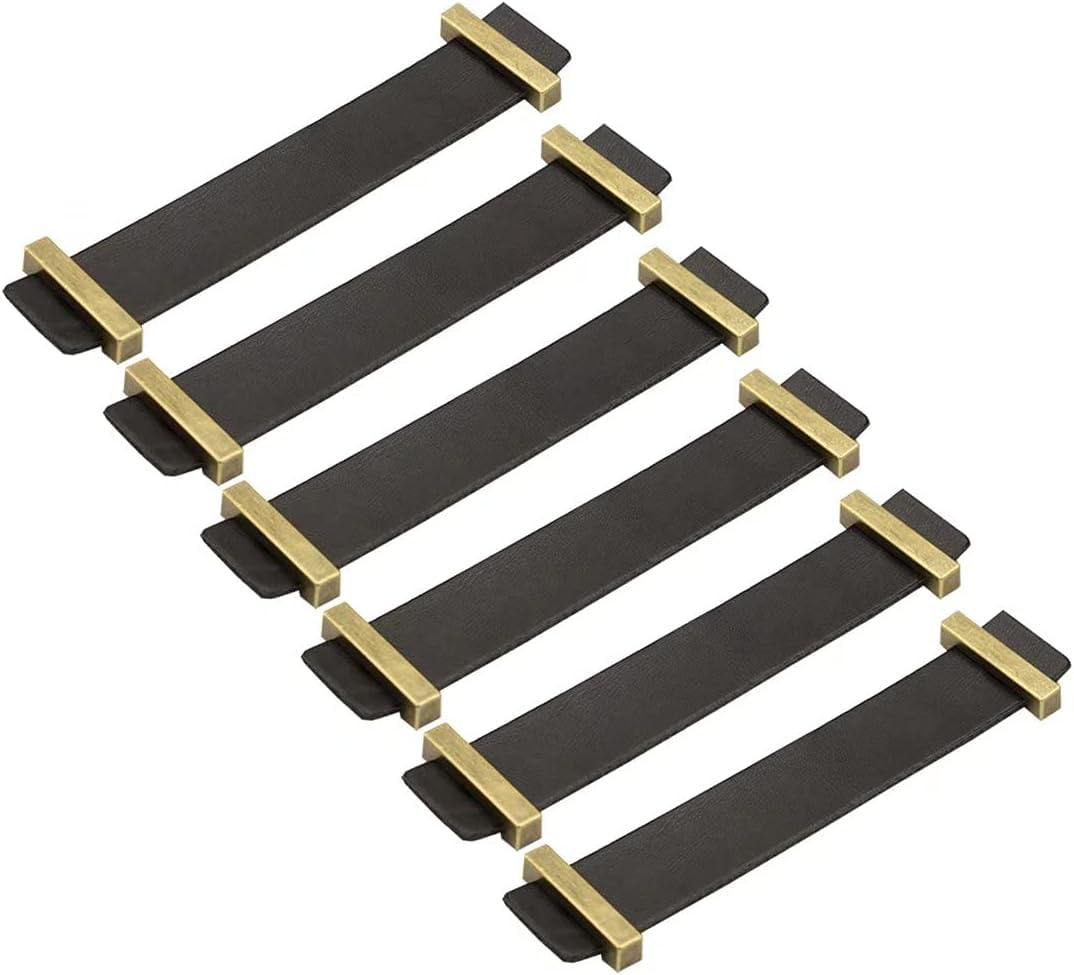 Kuayeocf Black 6 Pcs Zinc Alloy Handmade Leather Cabinet Dresser Handles Drawer Pulls Furniture(,Hole Distance 128 Mm)