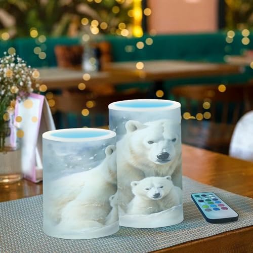 Image of ALAZA Cute Polar Bear Flickering Flameless Candles Battery Operated with Remote Timer,Tea Light Candles LED Pillar Votive Candles Set of 2 for Outdoor Indoor Decorations