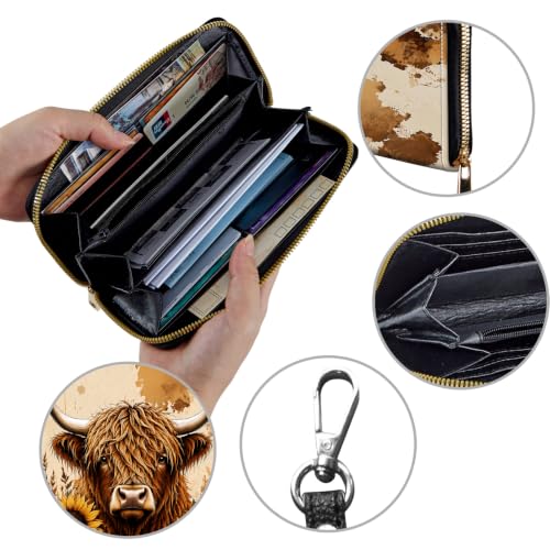 Image of Women's Wallets Credit Card Holder Money Leather Long Wallet | Long wallet with Wristlet,Large Capacity with Zip-Around Phone Purse for Women Ladies Girls,Highland Cow Sunflower