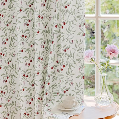 ugoutry 100% Blackout Beige Curtains 84 Inches Long for Bedroom, Red and Green Cherry Leaves Patterned Curtains for Living Room, Farmhouse Thermal Insulated Botanical Drapes Grommet 2 Panels Set