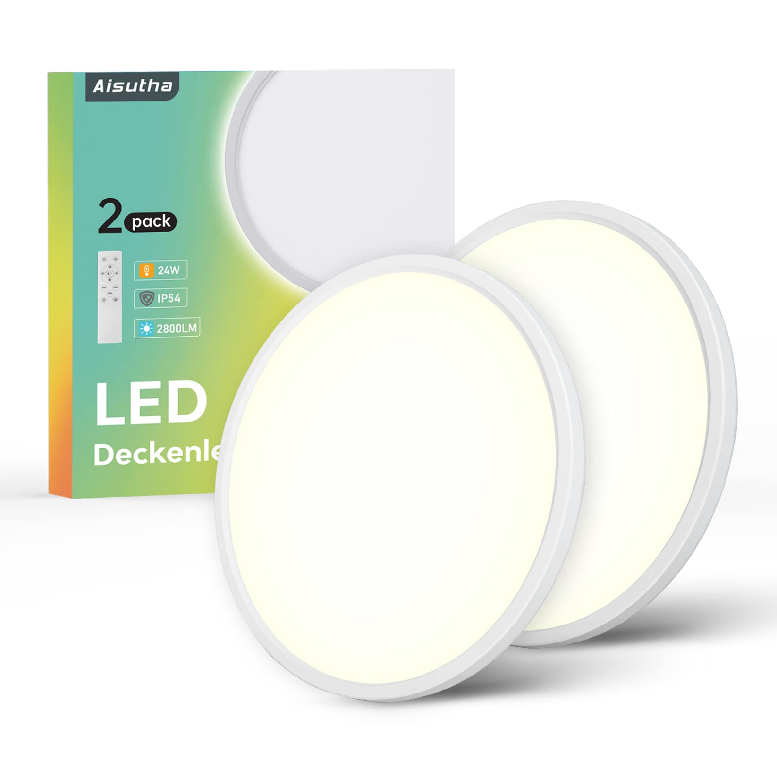 Aisutha LED Deckenleuchte, 24W 2800LM Deckenlampe Flach Dimmbar mit Fernbedienung, 3000K-6500K, IP54 Ultra Dünn Schlafzimmer Lampe für Wohnzimmer Kinderzimmer Küche Badezimmer