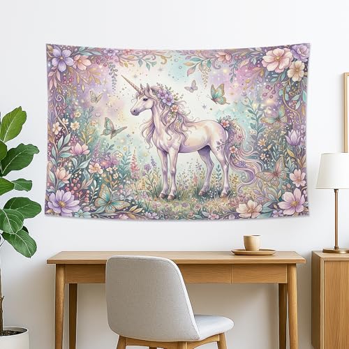 Tapisserie murale décorative de style bohème avec cheval et floral violet, papillons et fleurs, pour salon, chambre à coucher, dortoir, 152,4 x 101,6 cm