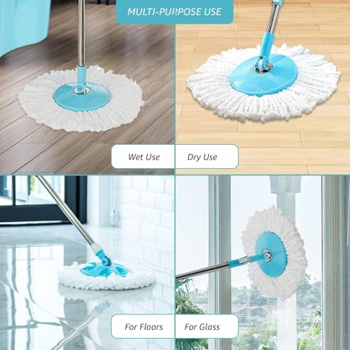 Image of Spin Mop with Extendable Handle, Multi-Surface Floor Cleaning System, Blue and White, Microfiber Pad, Rotating Head for Home, Kitchen