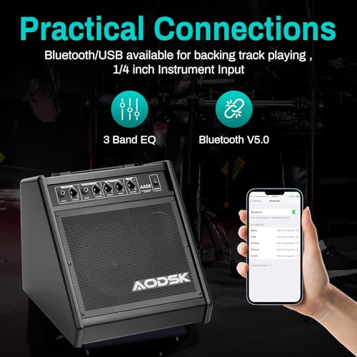 AODSK 30W Professional Electronic Drum Amplifier | Dual Speakers (8\" Woofer + 2\" Tweeter) | Compatible with Keyboard/Bass/Synthesizer | AUX Input + Recording Output | Treble/Mid Control (UAA-08)