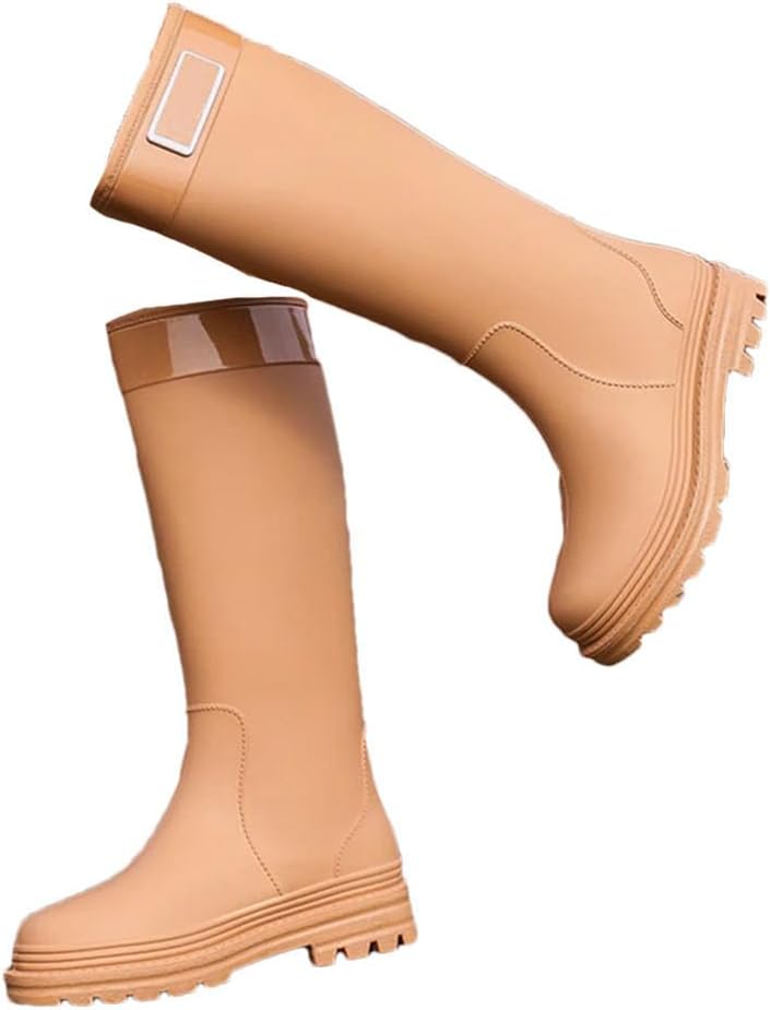 Women's Low Heel Fashion Long Rain Boots Non-Slip High Top Rain Boots