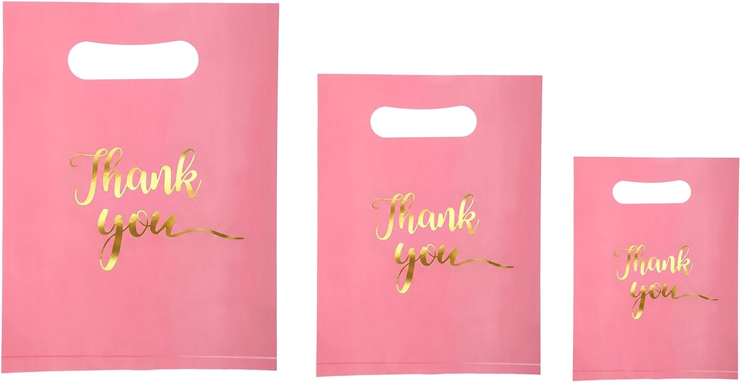 300 Pcs Thank You Bags for Business Small, 3 Size Plastic Gift Bags Pink with Handles, Wholesale Items for Resale Bulk Shopping Bag, Packaging Bag for Boutique Supplies,Vendor Booth Must Haves