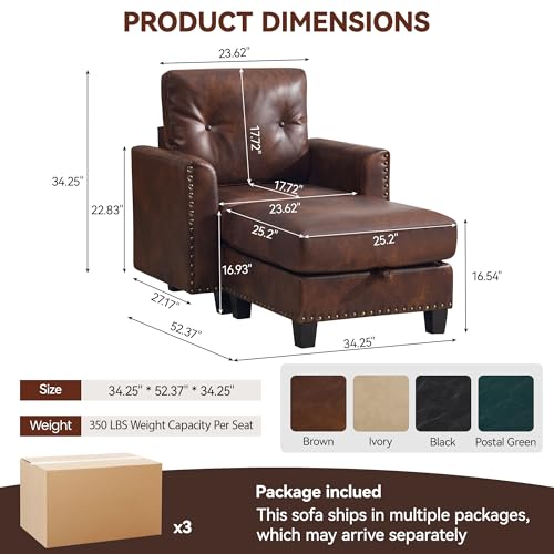 Image of 34.3 inch Faux Leather Modular Sectional Single Couch with Storage Ottoman, Vintage PU Leather Lounge Sofa Chair with Nailhead Trim, Mid Century Modern Tufted Couches for Living Room,Bedroom,Office, Brown