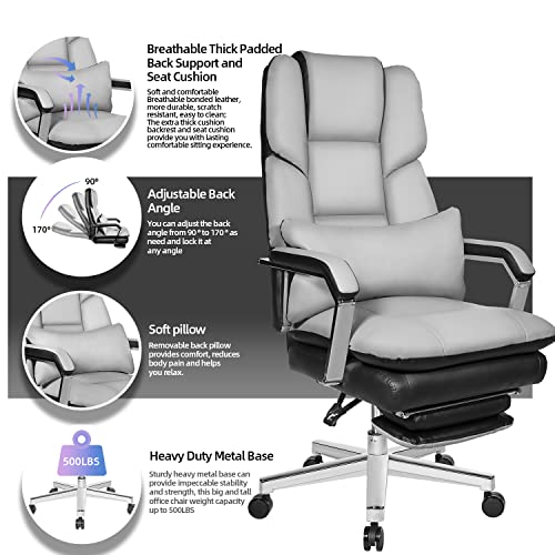Seekfancy Reclining Office Chair With Footrest O203, Big And Tall Office Chair 500Lbs Wide Seat With 170° Backrest, High Back Large Executive Office Chair Lumbar Support, Grey Leather Managerial Chair #TOP3