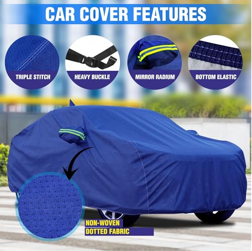 Image of 100% Waterproof 'BlueMax' Car Body Cover for Maruti Suzuki Baleno (2015-2021) Mirror Pocket, Heat & UV Protection, Triple Stitched, Soft Lining, Full Bottom Elastic Reflective Radium (Blue)