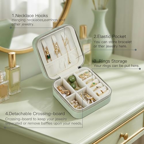 Image of CASEGRACE Travel Jewelry Case, Small Jewelry Box Portable Jewelry Travel Organizer Display Storage Case for Rings Earring Necklace Bracelet, Gift for Women Girls, Green