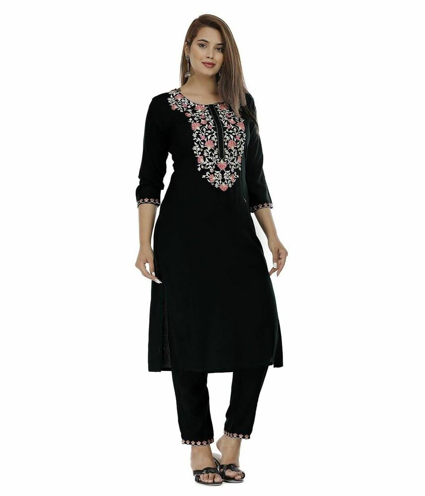 EVANTA Women's Cotton Blend Embroidery Kurta with Pent Set (Missi) (X-Large, Black), Black, 42