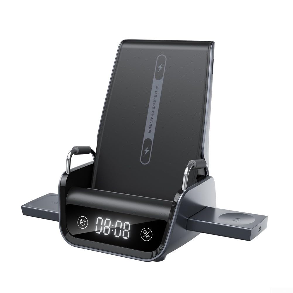Stazione di Ricarica Wireless, 15 W, Caricabatterie da Tavolo Veloce, Supporto Nero con Display per Orologio, per smartwatch, Telefono, Uso Quotidiano in Ufficio