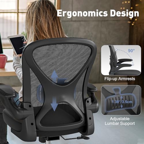 Ergonomic Office Chair with Adjustable Lumbar Support, Mesh Home Office Desk Chair with Flip-up Arms and Wheels, Black image 6