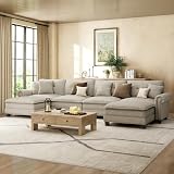 HERA'S HOUSE 150' Oversized Mid-Century Modern Couch, Classic U Shaped Pet Friendly Couch for Living Room, Comfy Cloud Sofa with Ottoman, 6-Seater Deep Seat, Linen Light Grey