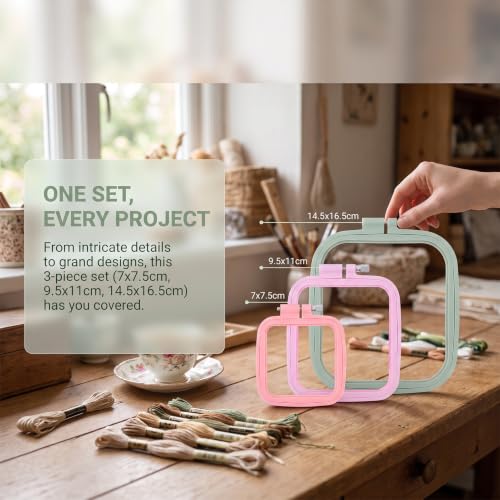 Image of 3 Pieces 3 Sizes Square Embroidery Hoops, Cross Stitch Hoop and ABS Plastic Embroidery Hoops for Embroidery,Cross Stitch and DIY Craft Sewing,Including 16pcs Gold Eye Sewing Needles