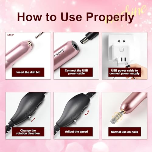 JODSONE Electric USB Nail Drill for Acrylic and Gel 14000RPM Portable Nail File Efile Set with Nail Drill Bits Sanding Bands Pink - Thumbnail 7