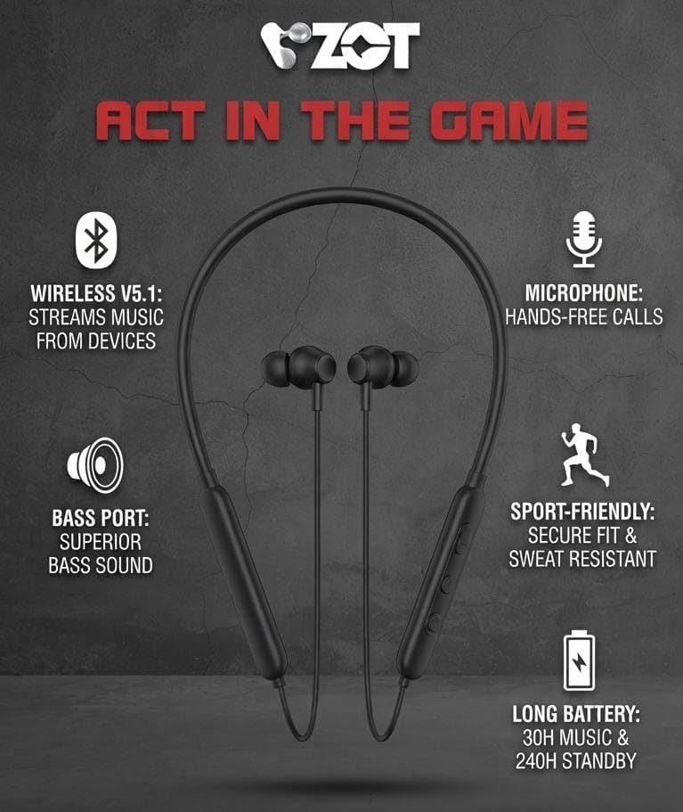 Image of VZOT BT-Max Pro Wireless Neckband Earphone, High Bass, Hi-Fi Audio, 40H Music Playback, with Microphone