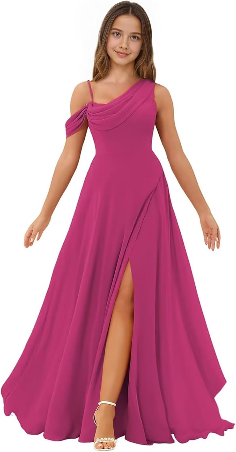 Chiffon Junior Bridesmaid Dresses One Shoulder Flower Girl Dress Long Ruffle Formal Party Dresses for Girls