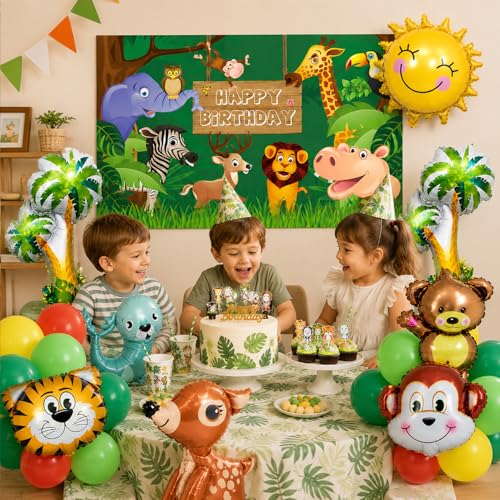 Image of Rozi Decoration Jungle Safari Birthday Decoration Kit, Pack of 49 Pcs Animal Theme Party Supplies with Birthday Banner for Kids Birthday Party