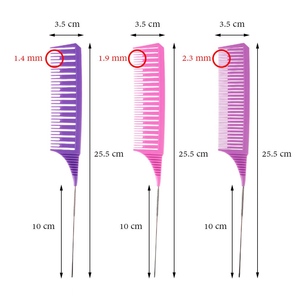 SKYPIA 3 Piece Professional Dyeing Hair Comb Set, Highlight Combs for Hair Stylist Weaving Styling Brush Set with Long Stainless Steel Rat Tail Stylist Combs, Purple & Pink