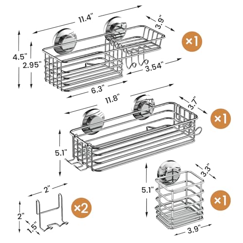 Image of LEVERLOC Shower Caddy Suction Cup, 3 Pack Heavy Duty Bathroom Organizer for Inside Shower with Hooks & Soap Holder, Removable Bathroom Organizer, Rustproof Silver Holder Storage,Silver