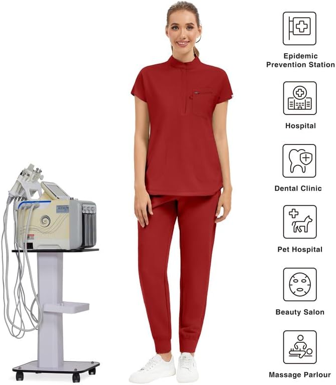 Kitmaz Scrub Pants for Women - Mid Rise 4-Way Stretch Anti-Wrinkle Slim Fit Jogger Pants, Drawstring & 5 Pockets Red