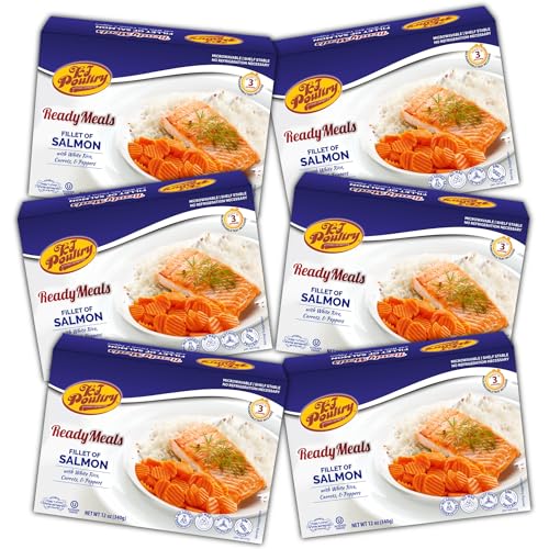 KJ Poultry Kosher Ready Meals - Salmon Fillet Fish, Parve MRE Meal Ready to Eat, Protein Food, Halal, (6 Pack) Prepared Entree Fully Cooked, Shelf Stable Microwave Dinner, Travel, Military, Camping