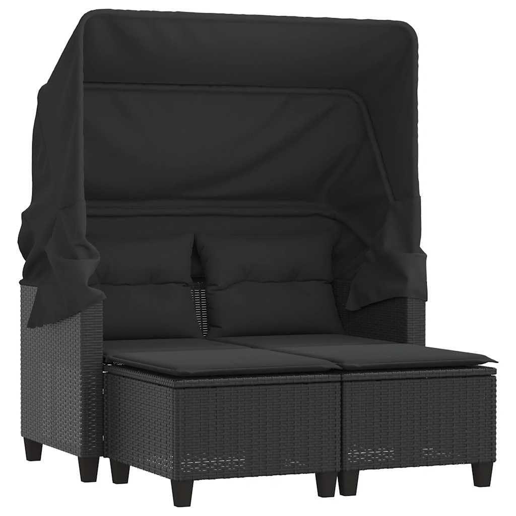 Divano Giardino 2 Posti con Baldacchino e Sgabelli Sdraio Polyrattan Nero per Esterno Set Relax con Cuscini Lavabili 110kg