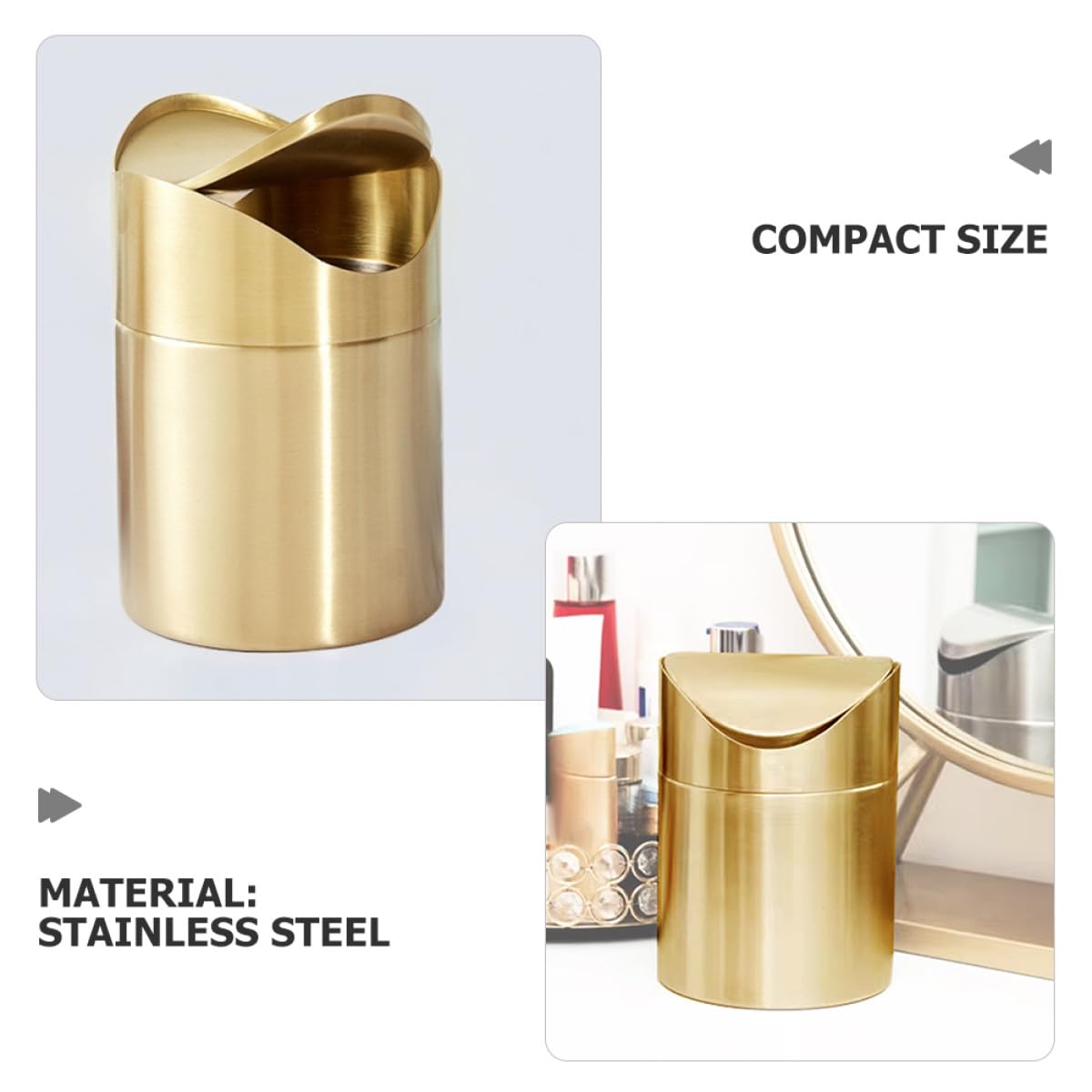NUOBESTY Mini Poubelle de Bureau en Inox Doré avec Couvercle Corbeille à Papier Compacte pour Bureau et Voiture Poubelle de Table Multifonction pour Petits Espaces Recyclage et