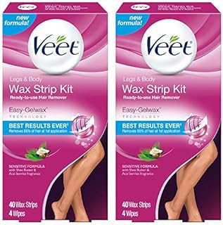 Veet Leg & Body Hair Removal Kit- Sensitive Formula, Ready-to-use Cold Wax Strips, Shea Butter & Acai Fragrance, 40 Count (Pack of 2)