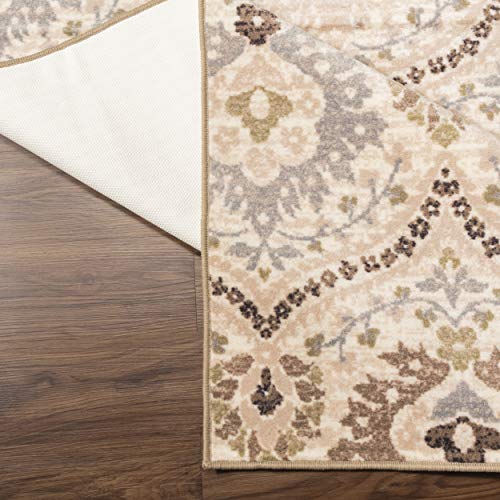 Superior Augusta Oriental Floral Damask Polypropylene Indoor Washable Area Rug Or Runner With Jute Backing, 2' 6" X 6', Ivory #TOP3
