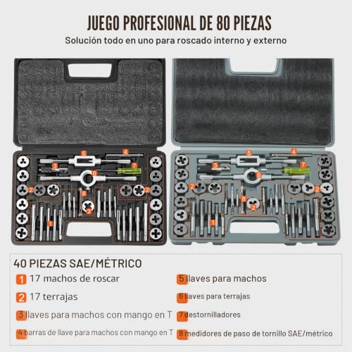 Miniatura 4 de Vevor Juego De Machos Y Terrajas 80 Piezas M3-M12 Métrico Y Sae De Acero Kit De Machos Y Troqueles Con Maletín De Transporte Portátil Herramientas Para Construcción Reparación De Automóvil Fontanería