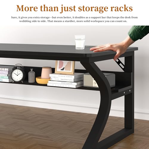Image of 47 inch Computer Desk, Home Office Desk with Storage Shelf, Sturdy U-Shaped Metal Frame Study Table with Cable Management, Gaming Desk for Office & Bedroom (Black, 47inch)