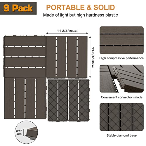 Goovilla Plastic Interlocking Deck Tiles, 9 Pack Patio Deck Tiles, 12"X12" Waterproof Outdoor Flooring All Weather Use, Patio Floor Decking Tiles For Porch Poolside Balcony Backyard, Dark Coffee #TOP2