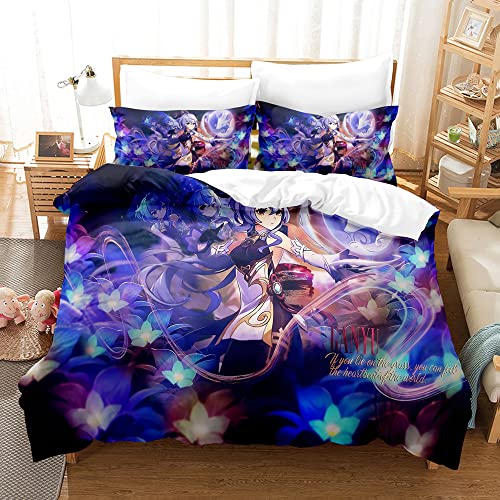 Qiuka Housse de Couette Genshin Impact,Ganyu cs-40,Parure de Lit Garçon Motif d'impression d'anime Cadeau d'anniversaire de NoëL für Enfant Jeune Joueur,140x200cm Cover