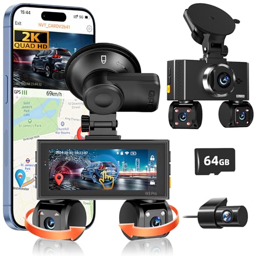 Image of 360 View 4 Channel Dash Cam Front and Rear, Dash Camera for Car with 3.16 inch IPS Touch Screen, 8 IR Night Vision, 5G WiFi&GPS,APP Control, G-Sensor, Loop Recording, Parking Mode, 64GB Card