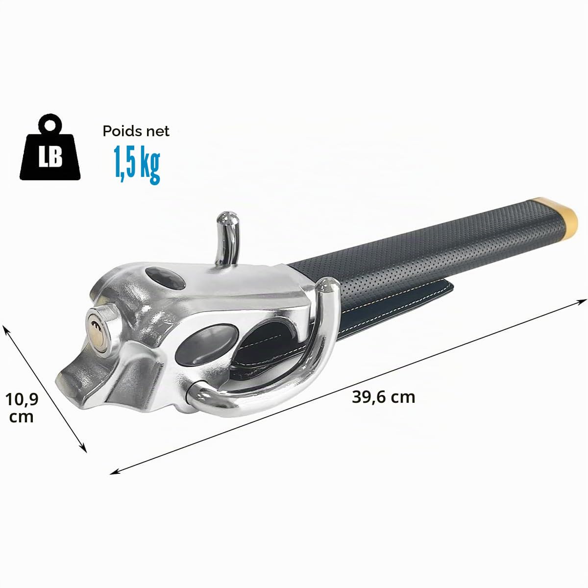 Antivol de volant de voiture - Avec marteau de sécurité - Compatibilité universelle - Pour voitures, camions légers, camionnettes et SUV - Avec 3 clés - Antivol - Argent