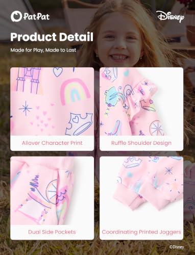 Image of Disney Outfits for Girls Long Sleeve Shirt Pocket Pant Toddler Sweatsuit | Officially Licensed丨Girls Clothes丨2-Piece Outfit丨Allover Print丨Ruffle Shoulder丨Jogger Pants丨Soft Feel丨Easy Care丨Mix & Match