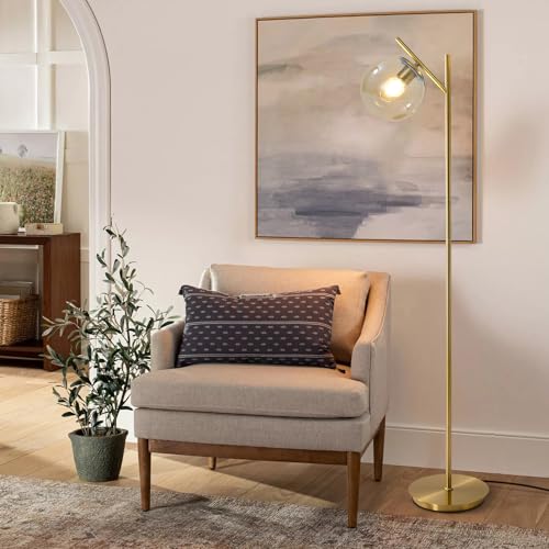 Image of Mid Century Modern Floor Lamp for Living Room Retro Vintage Brass Standing Light Industrial Cognac Glass Globe Floor Freestanding Lamp for Office Hotel Bedroom