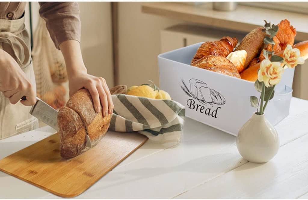 Caja de Pan Creativa para encimeras, panera de Almacenamiento de Pan de Gran Capacidad de Metal con asa y Soporte para Pan con Tapa de Madera (Blanco)