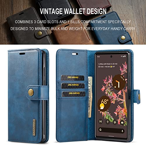Étui de téléphone en cuir véritable Google Pixel 6 bleu 2en1