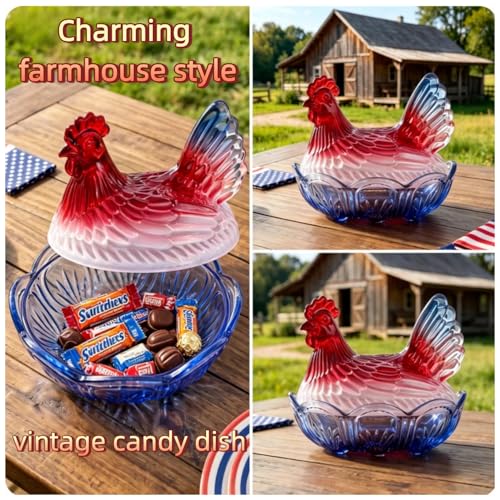 6.9" AIMINTSEN Glass Hen on Nest Candy Dish w/ Lid (Red/White/Blue) - image 5
