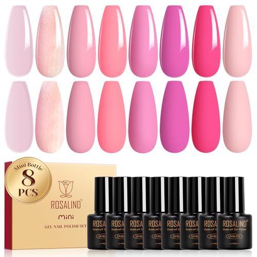ROSALIND Vernis Semi Permanent Rose,8 Couleurs Clair Rose Nude Neon Rose Vernis Gel UV Semi Permanent, Soak Off UV/LED Vernis à Ongles Printemps été Manucure Cadeau