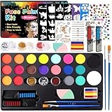 Pintacaras Infantil,20 Colores Pinturas Cara para Niños,Con 2 Pinceles, 60 Plantillas,1 Diamond Stickers,1 Pegatinas de Tatuaje,para Halloween Navidad Carnaval (20 Colores)